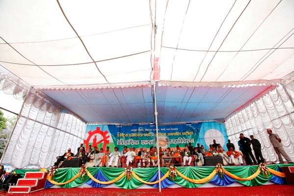 BACK TOGETHER: Leaders of Rastriya Prajatantra Party and Rastriya Janashakti Party gather at the podium during the unification program in Bhrikuti Mandap on Friday afternoon.
