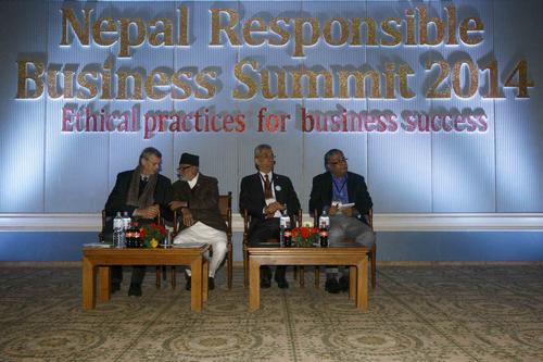 German ambassador Matthias Meyer, PM Sushil Koirala, NBI President Padma Jyoti and MD of Mahindra Steel Uday Gupta at the opening ceremony of Nepal Responsible Business Summit.