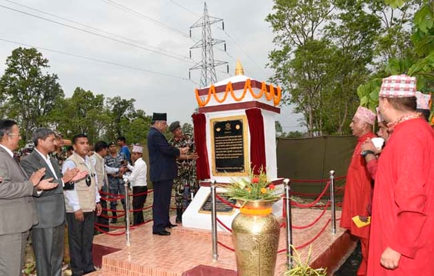 Outgoing Prime Minister Pushpa Kamal Dahal lays the foundation stone of the Kathmandu-Tarai fast-track highway in Nijgadh, Bara on Sunday. The 76 km expressway, being built by the Nepal Army at a cost of Rs 112 billion, is the shortest link between Nepal's capital and its southern plains.