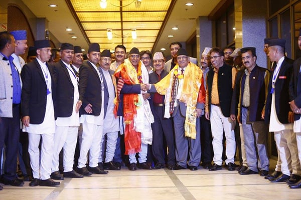 New Prime Minister Sher Bahadur Deuba with ex-Prime Minister Pushpa Kamal Dahal. Parliament elected Deuba as Nepal's 10th Prime Minister in 10 years on Tuesday.