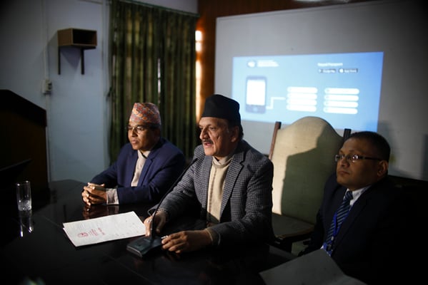 Foreign Affairs Minister Prakash Saran Mahat launches the Nepal Passport App in Kathmandu on Tuesday.