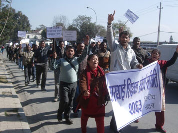 LONG TERM PROTEST: Teachers protest demanding equal rights and permanent contracts in Thundikhel, on Wednesday.