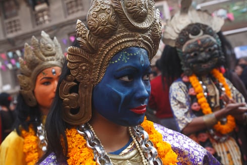 DANCING DIVAS: Girls dressed as deities during the parade marking Yomari Purnima festival at Basantapur on Tuesday.