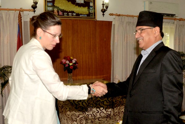 US Ambassador Alaina B. Teplitz shakes hands with Prime Minister Pushpa Kamal Dahal during the courtesy call at Baluwatar on Monday.