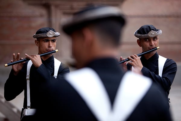 Members of the Nepal Army Guruju battalion play flutes at a ceremony on the occasion of Ghatastapana at Hanumandhoka on Tuesday.