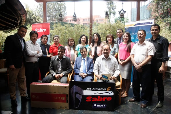 The winners of a joint promotion event organised by Sabre Travel Network and Jet Airways pose for a group photo after receiving awards at an event in Kathmandu on Monday.