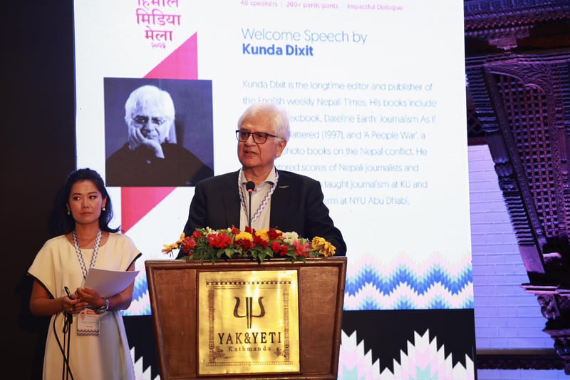 Himalmedia co-publisher Kunda Dixit gives opening remarks at the Himal Media Mela 2023 on 3 May.